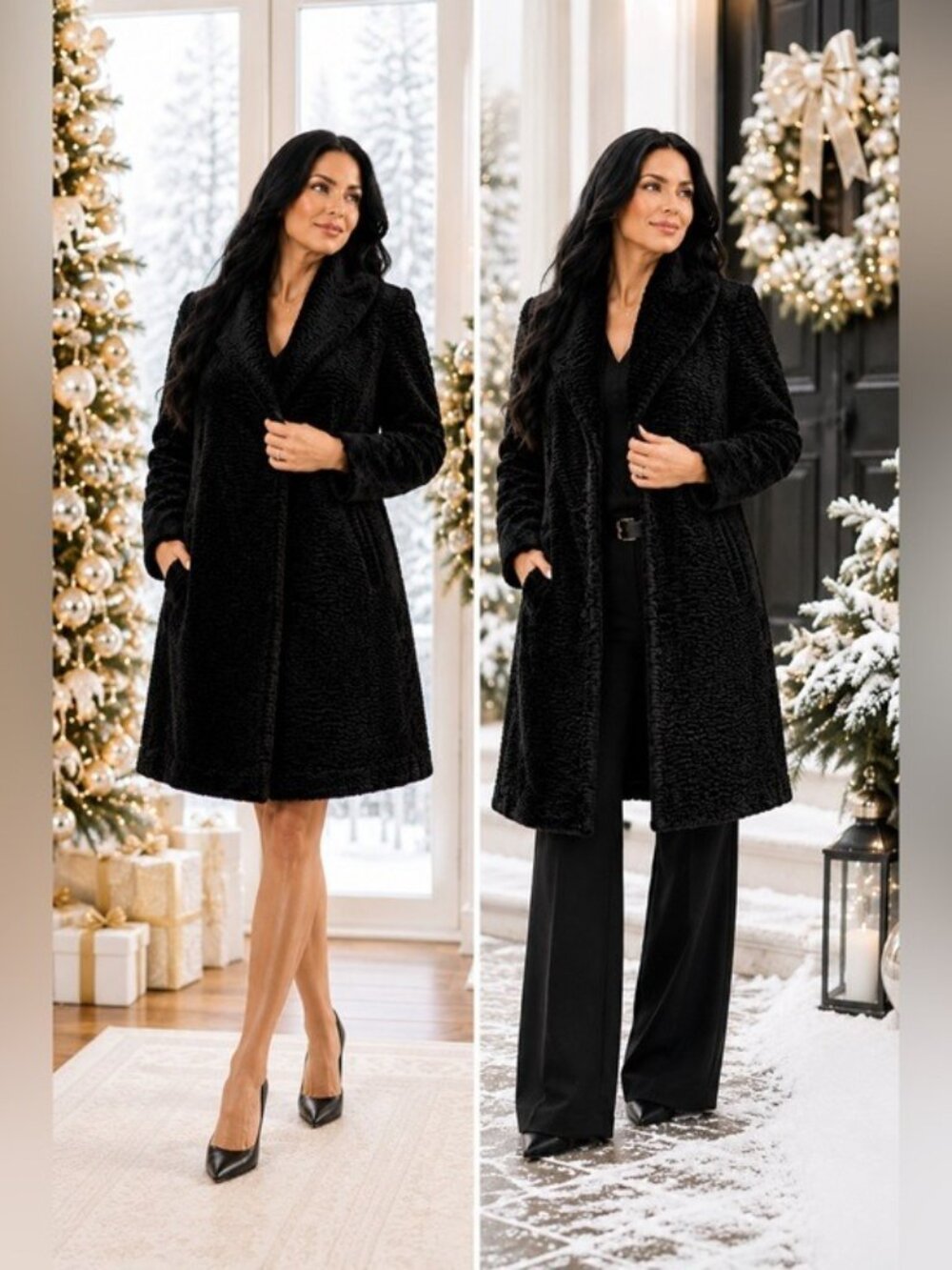 White House Black Market Black Faux Fur Textured Long Coat Jacket Size S